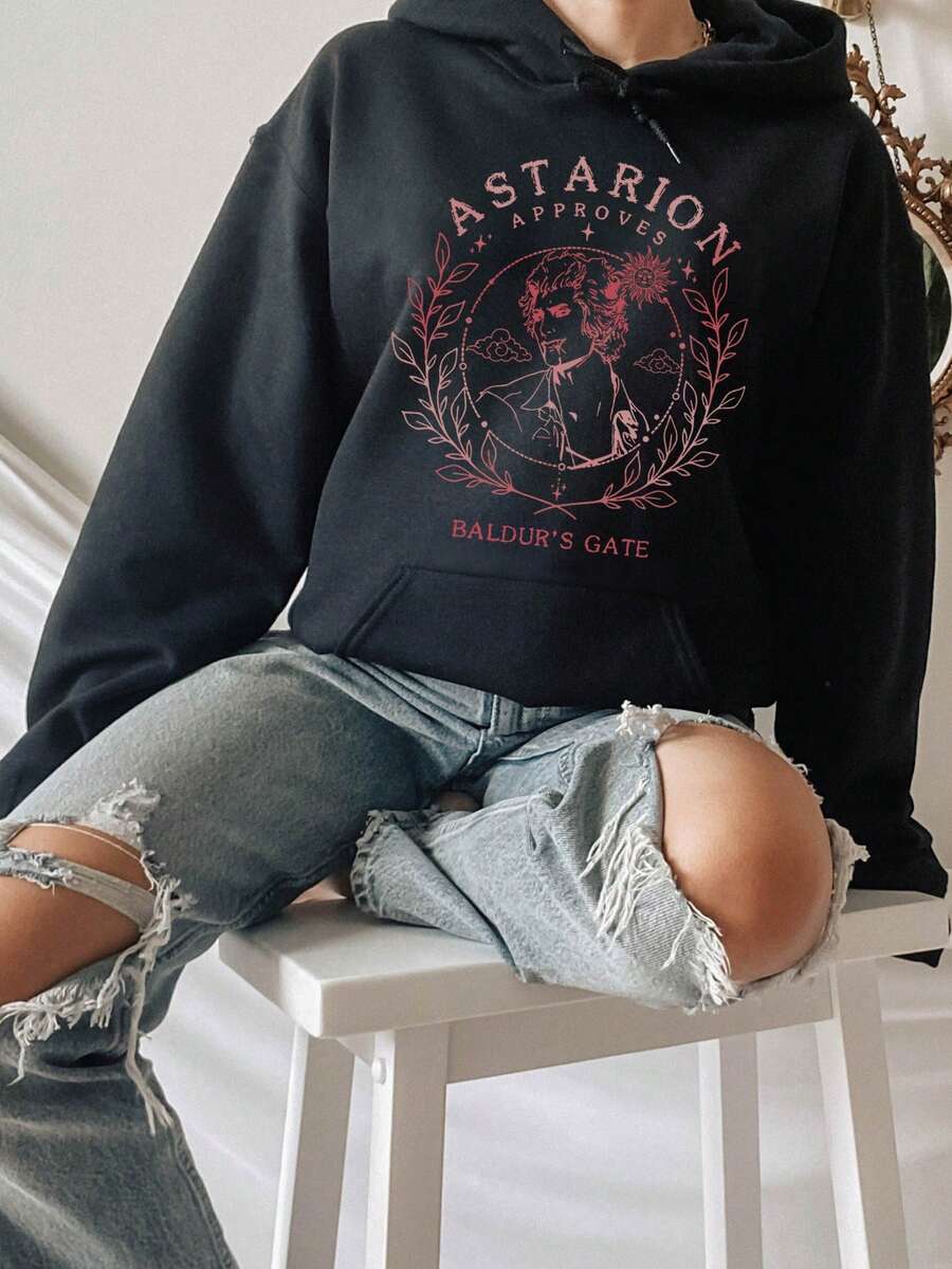 Women's Fashion Casual Creative Letter Earl Printed Hooded Sweatshirt - 黑色 - 查看 1