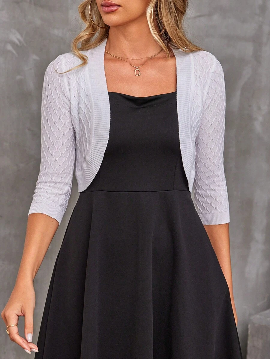 Women's 3/4 Sleeve Cropped Cardigan Bolero Sweater Open Front Ribbed Shrug For Dresses - màu đen - Xem 1