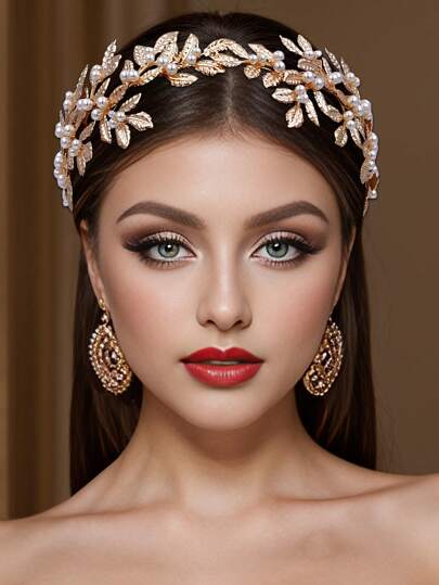 Bride Boho Gold Leaf Headband, Handmade Alloy Floral Wedding Headpiece, Elegant Soft Hair Accessory For Bridal, Wedding Dress Halloween