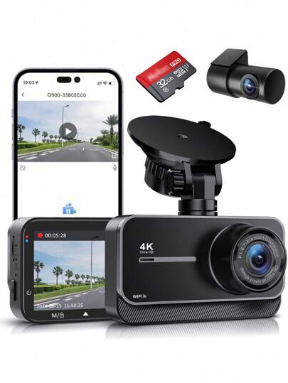 GMAIPOP 行車記錄器4k Wifi攝像頭,配有32g Sd卡,前後車用wifi行車記錄器,車載黑匣子