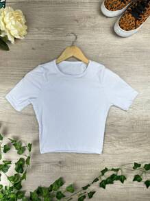 Women's Short Sleeve Ribbed Crop Top Premium - 白色 - 查看 2