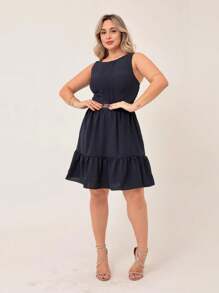 Plain Short Dune Dress With Waist Detail - 藏蓝色 - 查看 1