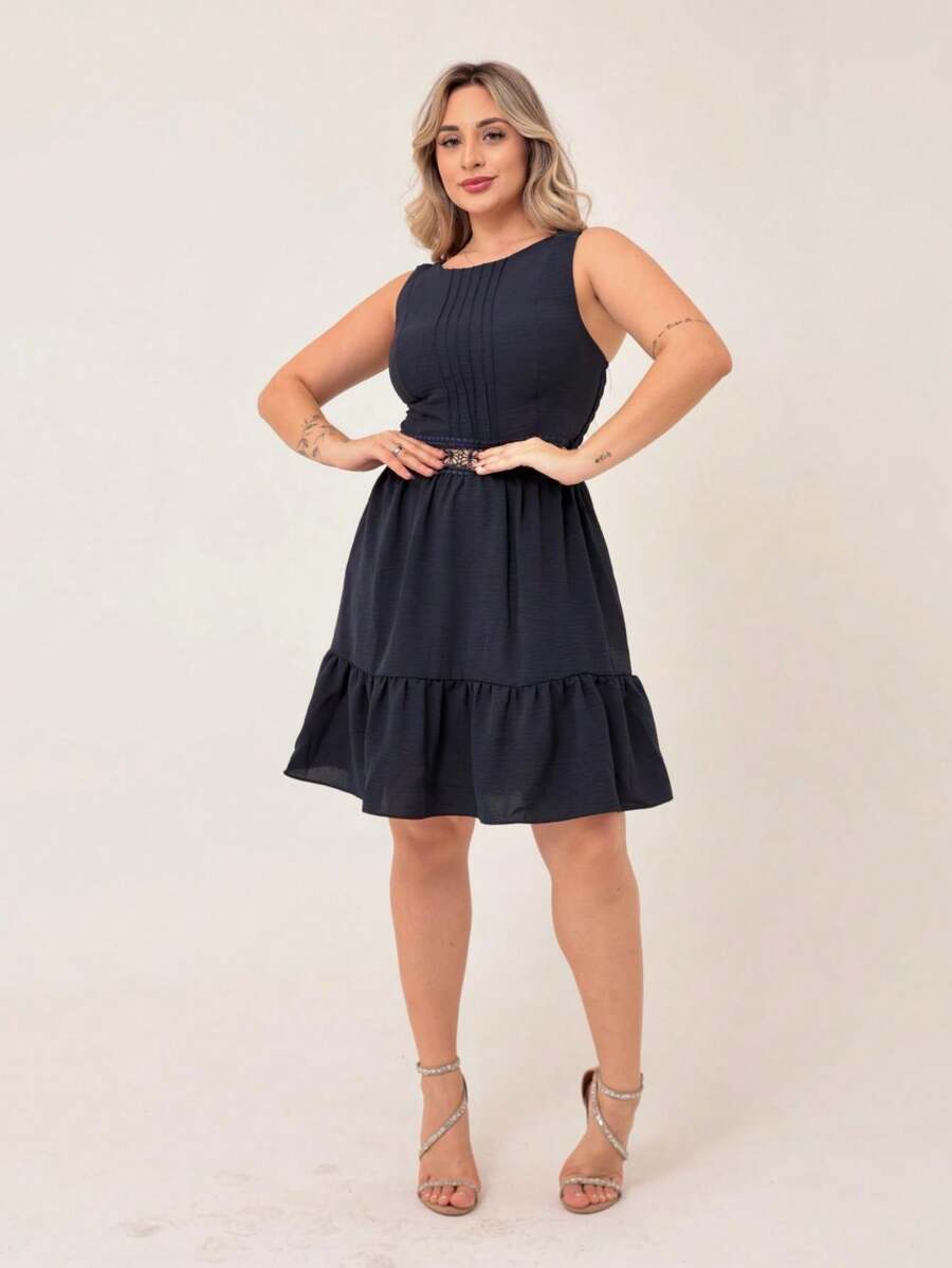 Plain Short Dune Dress With Waist Detail - 藏蓝色 - 查看 1