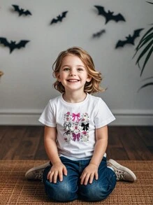 Kleine Mädchen Lässiges T-Shirt mit Rundhalsausschnitt und rosa Schleife für Halloween