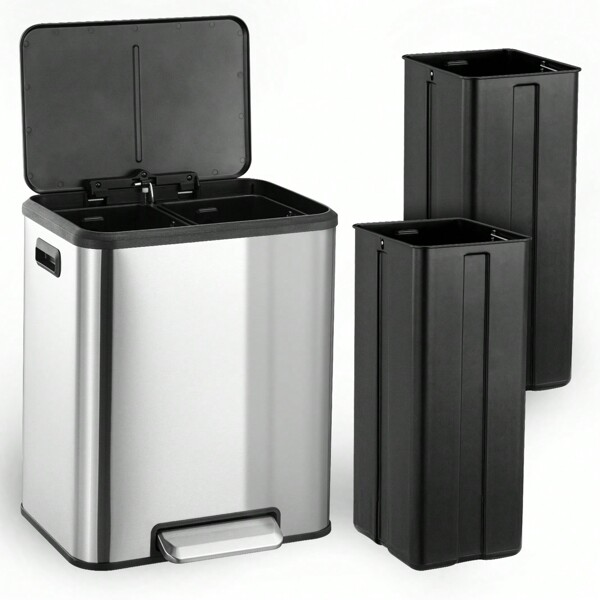 Kitchen Dual Trash Can And Recycling Bin, 2 X 4 Gallon Stainless Steel Trash Can, 30 Liter, Removable Inner Bin And Soft Close Lid, Suitable For Home, Office, Business