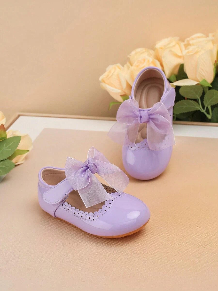 1 Pair Cute Butterfly Decor Solid Color Leather Anti-Slip Soft Bottom Baby First Walking Shoes, Suitable For Spring & Autumn - Purple - View 1