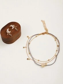 3pcs/Set Personalized Fashionable Multi-Layered Velveteen Sun & Pentagram Pendant Necklace Set Including 3-Layered Rhinestone Choker Necklace - Yellow Gold - View 8