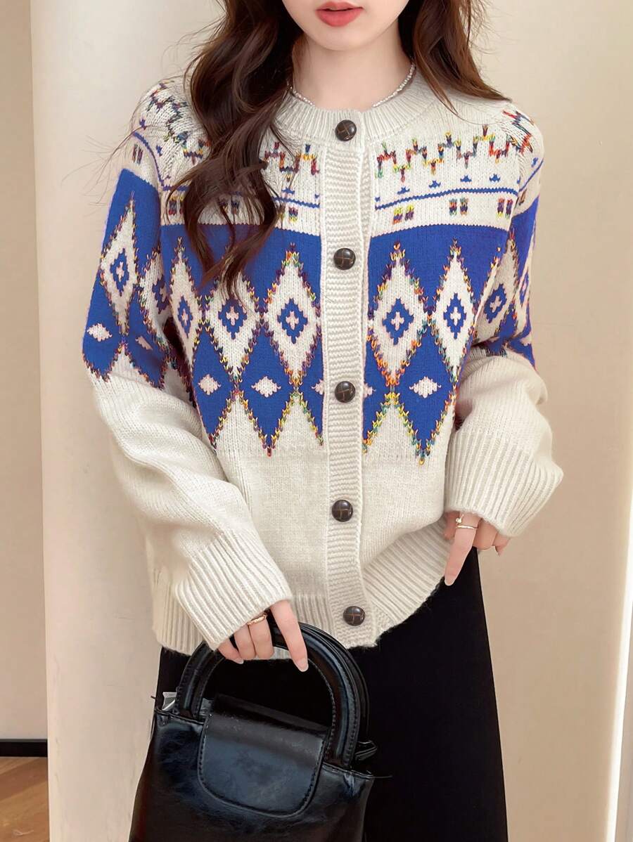 女士休闲长袖毛衣开衫 - 藍色 - 查看 1