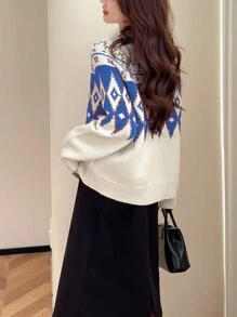 女士休闲长袖毛衣开衫 - 藍色 - 查看 2