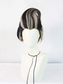 Peluca de vampiro para Halloween, cabello liso corto, mezcla de negro y rubio, peluca de cosplay de anime para hombres, para uso diario, fiesta, vacaciones, resistente al calor, peluca sintética corta y lisa negra con reflejos rubios, peluca del personaje del juego Súper Hombre, aspecto natural, peluca de cómic como regalo de cumpleaños para decoraciones navideñas y 1 pieza de gorro de peluca - Multicolor - Ver 3