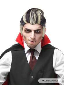 Peluca de vampiro para Halloween, cabello liso corto, mezcla de negro y rubio, peluca de cosplay de anime para hombres, para uso diario, fiesta, vacaciones, resistente al calor, peluca sintética corta y lisa negra con reflejos rubios, peluca del personaje del juego Súper Hombre, aspecto natural, peluca de cómic como regalo de cumpleaños para decoraciones navideñas y 1 pieza de gorro de peluca - Multicolor - Ver 2