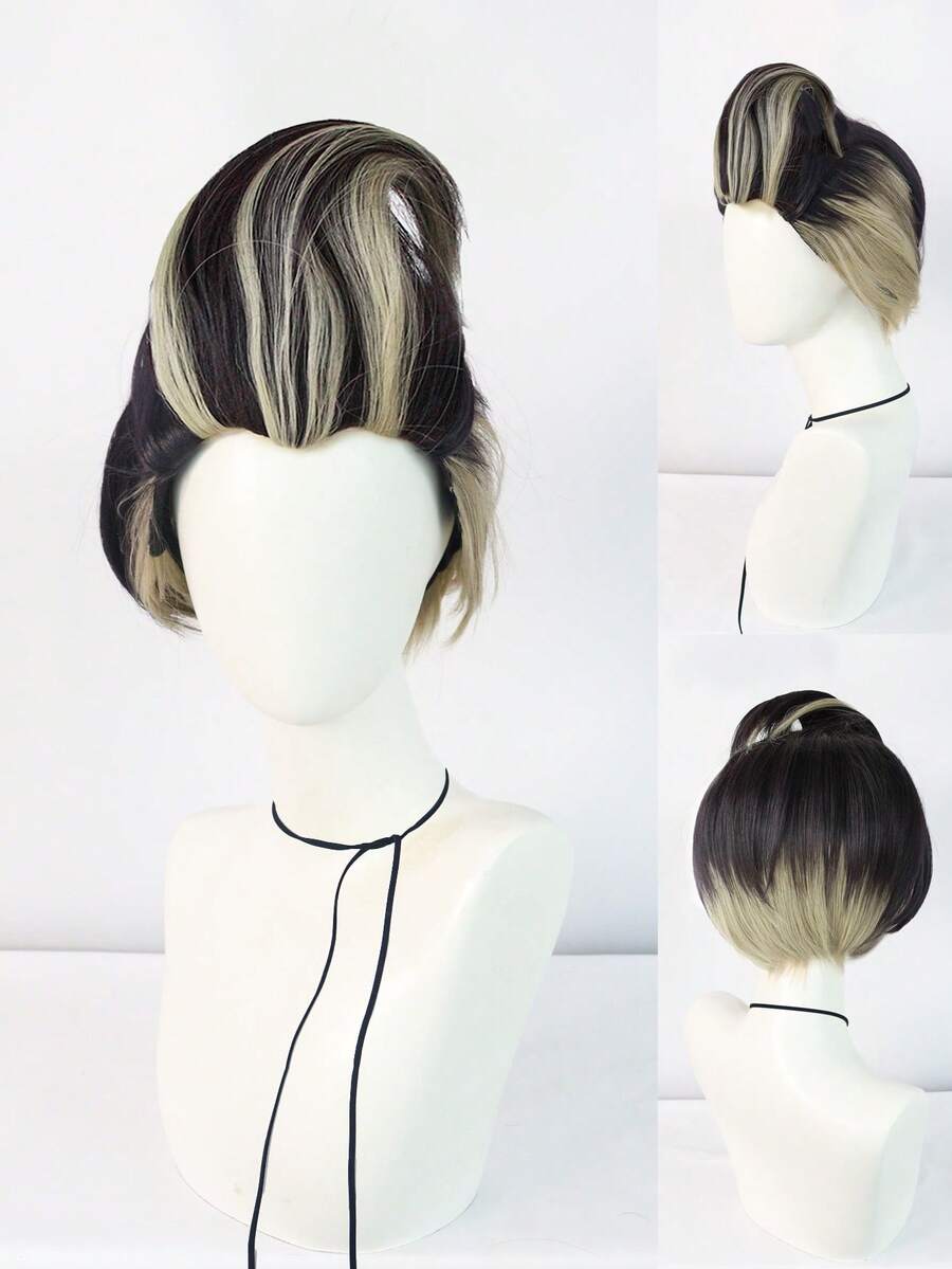 Peluca de vampiro para Halloween, cabello liso corto, mezcla de negro y rubio, peluca de cosplay de anime para hombres, para uso diario, fiesta, vacaciones, resistente al calor, peluca sintética corta y lisa negra con reflejos rubios, peluca del personaje del juego Súper Hombre, aspecto natural, peluca de cómic como regalo de cumpleaños para decoraciones navideñas y 1 pieza de gorro de peluca - Multicolor - Ver 1