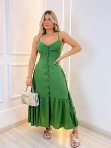 Long Crepe Dress With Padded Bra And Buttons - Green - View 2