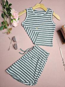 Conjuntos Listrada Cropped Top Simples básico Regata+Short Curto Malha Canelada