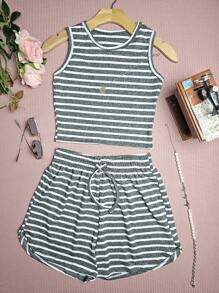 Conjuntos Listrada Cropped Top Simples básico Regata+Short Curto Malha Canelada