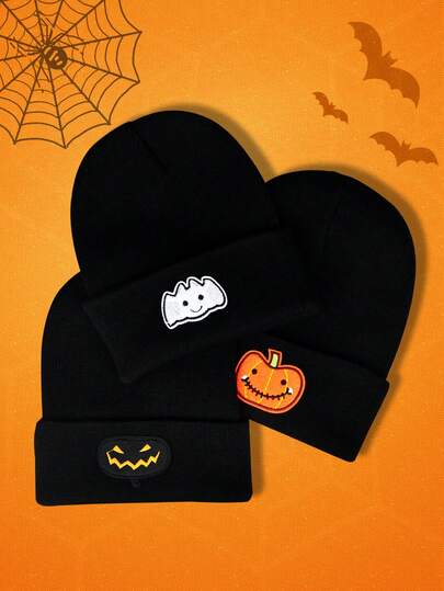 1pc Women's Halloween Bat & Pumpkin Patterned Knitted Beanie, Personalized Street Style Warm Cap For Autumn Winter