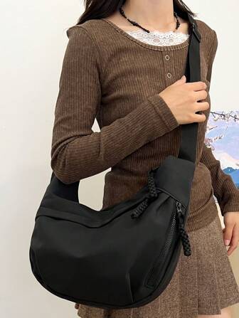 时尚手提包，容量大，可调节肩带，拉链开合，织物衬里，纯色，尼龙材质，多功能单肩包和斜挎包，适合购物和日常使用