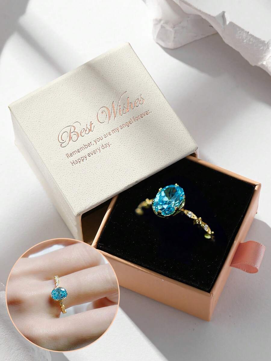 Gift Box Set Elegant Aquamarine & Rhinestone Heart Shaped Gold Plated Copper Ring, Suitable For Women Wedding, Engagement, Valentine's Day & Birthday Gift Christmas Gift Valentines - Gold + Aquamarine - View 1
