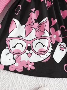 Baby GirlHeart, Glasses, Bow, Kitty Graphic Long Sleeve Cute Mini Dress For Spring And Autumn, Valentine's Day