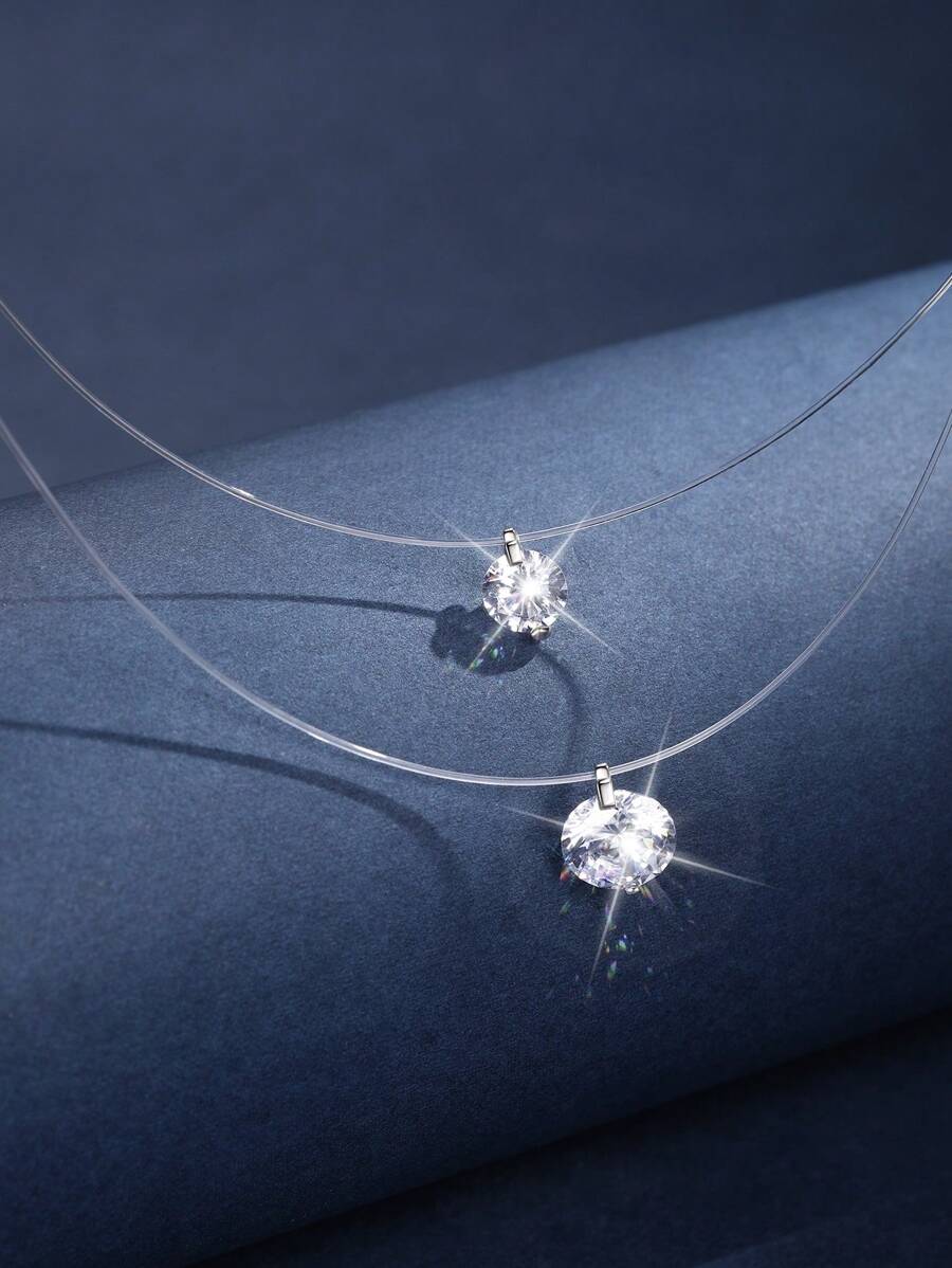 1PC 925 Sterling Silver Luxurious Transparent Invisible Chain Necklace Women Short Necklace Pendant With Shiny Diamond For Wear On Various Occasions Such As Wedding Bridesmaid Dress And Bridal Wear Accessories