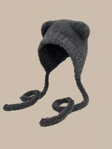 1 Pc Women Cute Bear Ear Warm Earmuffs Trapper Hat, Autumn/Winter Outdoor Travel Cycling Knitted Thick Fluffy Warm Beanie Cap