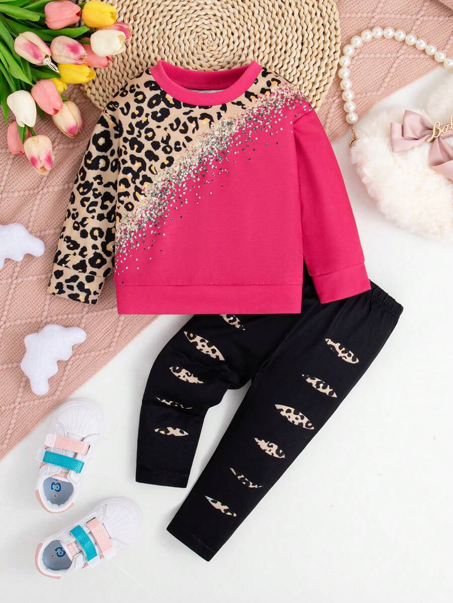 2 piezas Conjunto de top gráfico y pantalones con estampado de leopardo para niñas bebés - Multicolor - Ver 1
