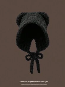 1 Pc Women Cute Bear Ear Warm Earmuffs Trapper Hat, Autumn/Winter Outdoor Travel Cycling Knitted Thick Fluffy Warm Beanie Cap