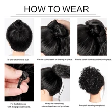 Moño desordenado de extensión de cola de caballo rizada corta con cordón elástico, pieza de cabello suelto para mujeres con cabello fino, extensión de moño de fibra sintética de alta temperatura