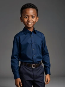 Children's White Long Sleeve Button Down Shirt 100% Cotton - Navy Blue - View 1