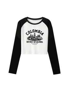 Camiseta de manga corta casual con cuello redondo de color block tipo raglan estampada para mujer - Blanco y Negro - Ver 4