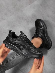 Spring/Autumn New Rose Graphic Thick Sole Casual Shoes, Lightweight Shock-Absorbing Soft Bottom Running Shoes, Women Casual Flat Shoes, Daily Wear Black Cloth Shoes - Black - View 7