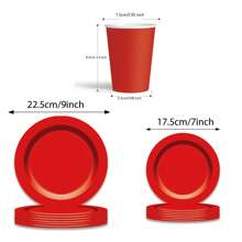 套装/60 件红色一次性派对餐具，包括 9 英寸红色纸盘、7 英寸红色盘子、9 盎司/250 毫升一次性纸杯，适合圣诞节、新年、生日、情人节派对， - 彩色 - 查看 2