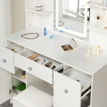 Large Makeup Dressing Table With LED Lights Mirror + 5 Drawers Vanity Stool Set - white LED - View 10