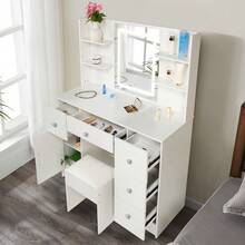Large Makeup Dressing Table With LED Lights Mirror + 5 Drawers Vanity Stool Set - white LED - View 9