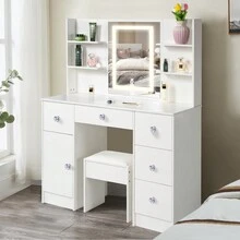 Large Makeup Dressing Table With LED Lights Mirror + 5 Drawers Vanity Stool Set - white LED - View 7
