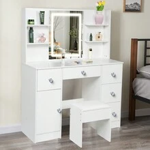 Large Makeup Dressing Table With LED Lights Mirror + 5 Drawers Vanity Stool Set - white LED - View 6