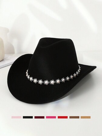 1 szt. Męski srebrny kwiatowy perłowy i łańcuszkowy kapelusz formalny, lekka luksusowa prosta czapka bez ronda, unisexowy modny dodatek na imprezę