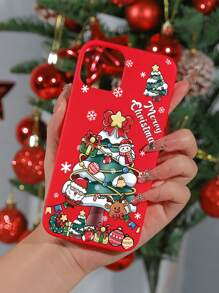 1 pieza Funda de teléfono roja compatible con iPhone con eslogan navideño, árbol de Navidad y patrón de copos de nieve