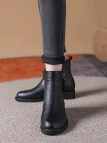 2025 秋冬女士切尔西靴，粗跟，保暖内衬，圆头，弹性，英伦风格，百搭皮靴