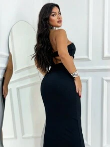Women's Midi Dress With Strapless Slit And Silver Metal Detail - 黑色 - 查看 3