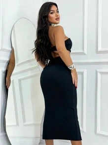 Women's Midi Dress With Strapless Slit And Silver Metal Detail - 黑色 - 查看 4