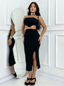 Women's Midi Dress With Strapless Slit And Silver Metal Detail - 黑色 - 查看 5