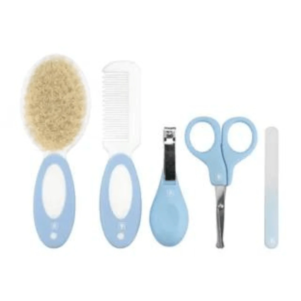 Kit Higiene 5 Peças Bebê Pimpolho Cuidados Escova Cerdas Naturais Macias Pente Cortador Tesoura Lixa Unha - Azul - Visão 1