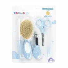 Kit Higiene 5 Peças Bebê Pimpolho Cuidados Escova Cerdas Naturais Macias Pente Cortador Tesoura Lixa Unha - Azul - Visão 2