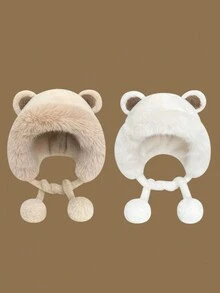 1 件女士羊毛护耳帽，带熊耳朵设计，秋冬款 - 彩色 - 查看 2