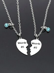 Friendship Gift, Weirdo 1 Weirdo 2 Split Heart Pendant Necklaces BFF Gift For Best Friend - Silver - View 3