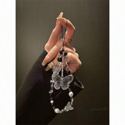 Black Agate 3D Crystal Butterfly Pearl Chain, Fits All Phone Cases, Luxury Lanyard Gifts For Mother, Family, Friends, Birthday, Holiday Phone Charm, Phone Chain