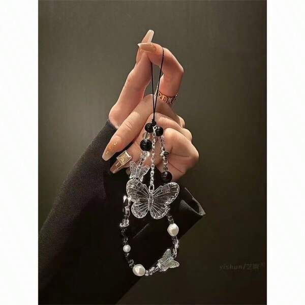 Black Agate 3D Crystal Butterfly Pearl Chain, Fits All Phone Cases, Luxury Lanyard Gifts For Mother, Family, Friends, Birthday, Holiday Phone Charm, Phone Chain