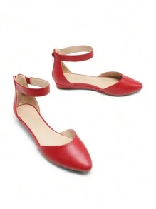Women's Closed Pointed Toe Low Wedge Ankle Strap Casual Comfortable Ballet Flats With Back Zipper Design Party Wedding Shoes - 熱烈紅色 - 查看 1