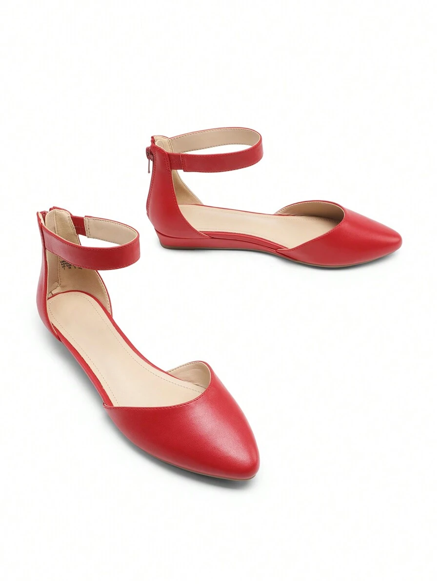 Women's Closed Pointed Toe Low Wedge Ankle Strap Casual Comfortable Ballet Flats With Back Zipper Design Party Wedding Shoes - 熱烈紅色 - 查看 1